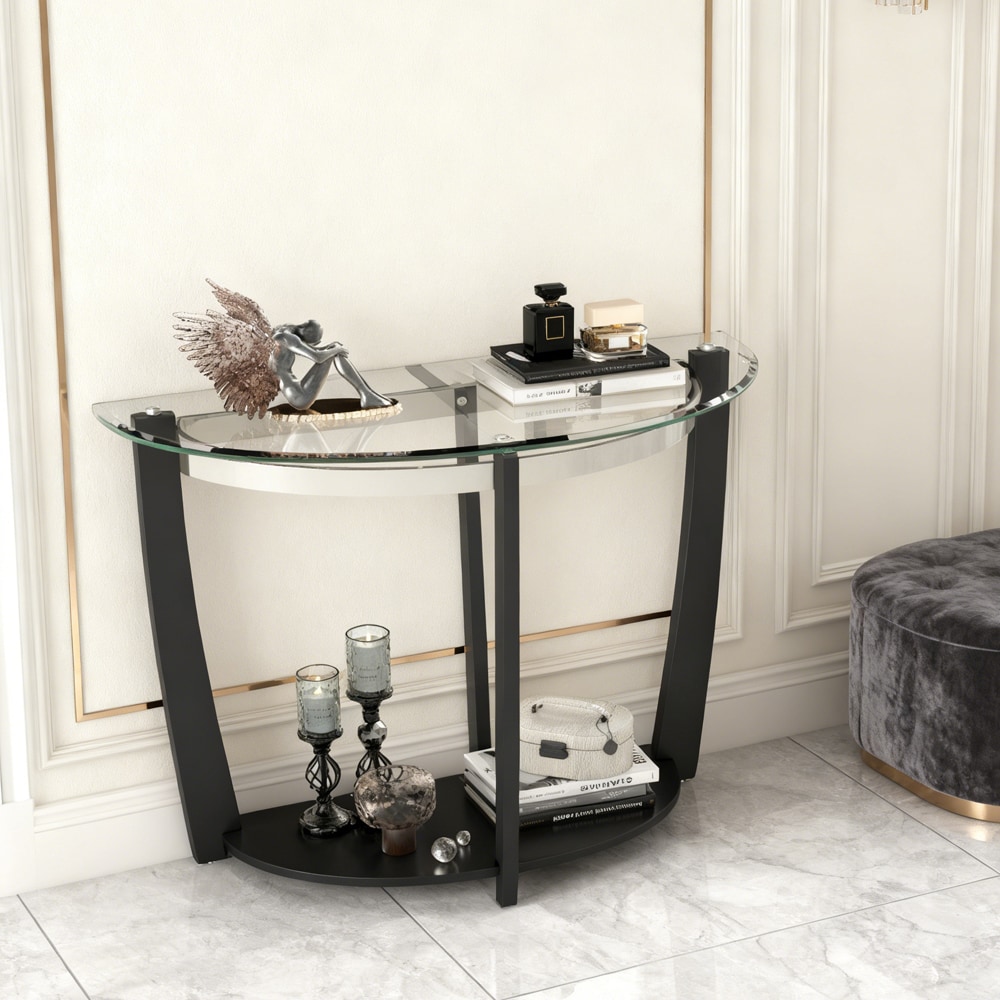 2-tier Tempered Glass Console Table With Clear Glass Top And Open Shelf_voghion.com